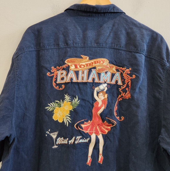 Tommy Bahama With A Twist Embroidered Pin Up Girl Navy Blue Silk Shirt Men's XL - Picture 6 of 8
